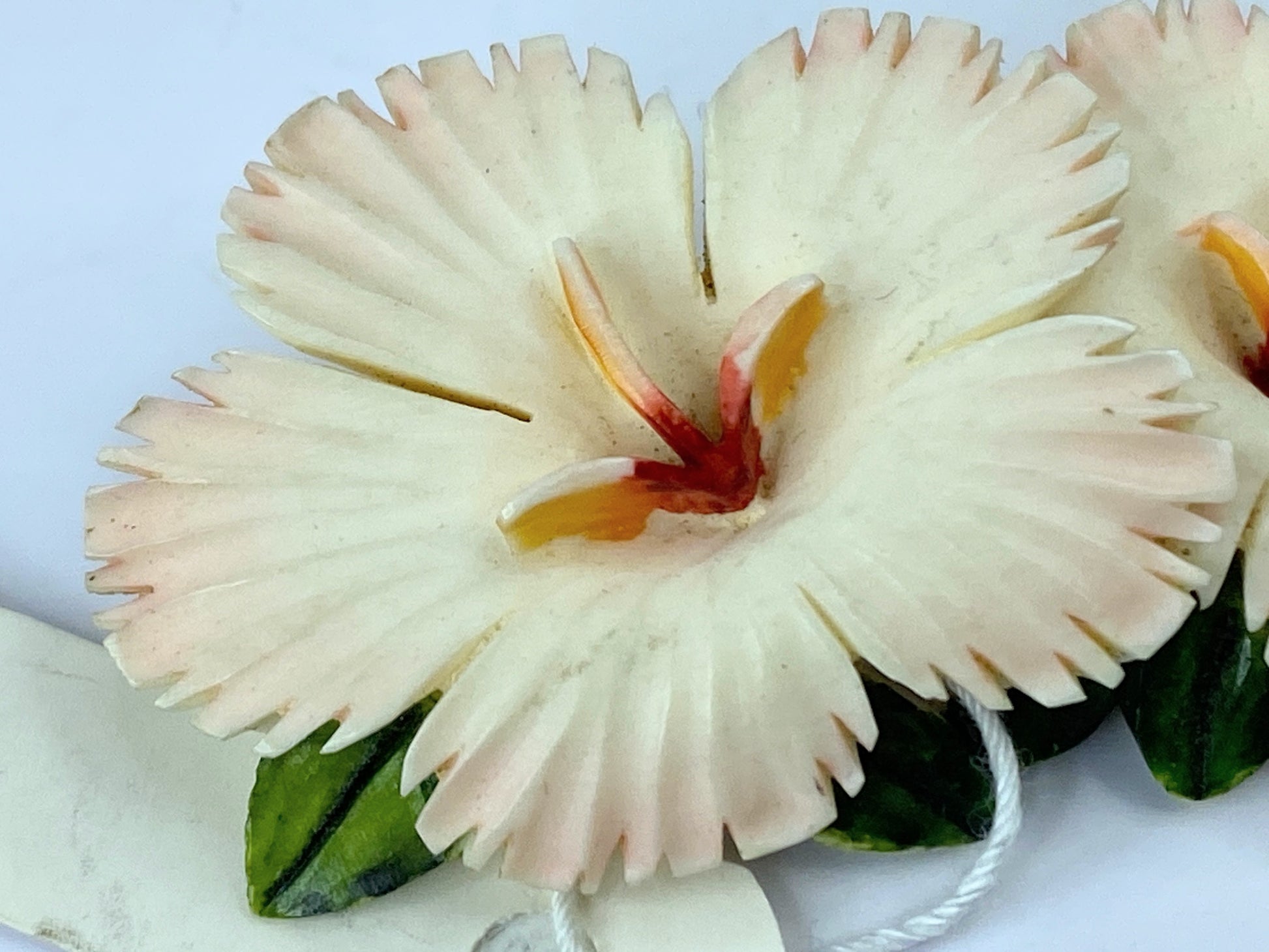 Art Deco hand carved Resin polychrome Hibiscus Floral sterling brooch JR670
