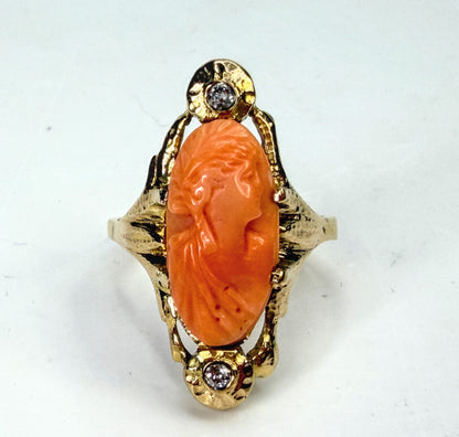 Antique 10K Gold Carved Coral Cameo Diamond Ring 20mm 6.1g s9.25 JR1959