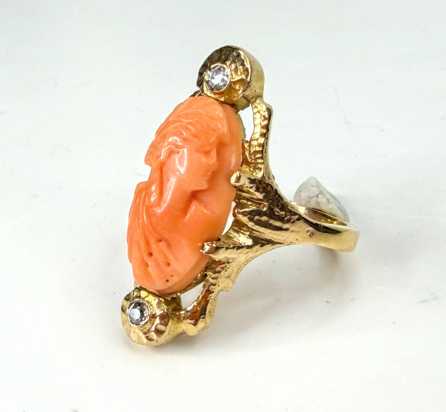 Antique 10K Gold Carved Coral Cameo Diamond Ring 20mm 6.1g s9.25 JR1959