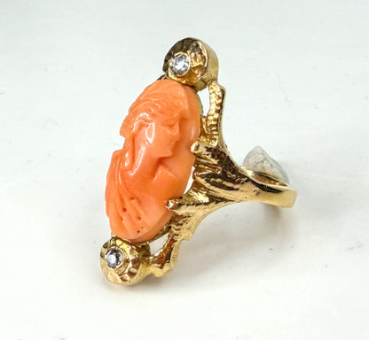 Antique 10K Gold Carved Coral Cameo Diamond Ring 20mm 6.1g s9.25 JR1959