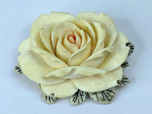 c1930 deep carved resin Rose Floral brooch pink center sterling silver JR671