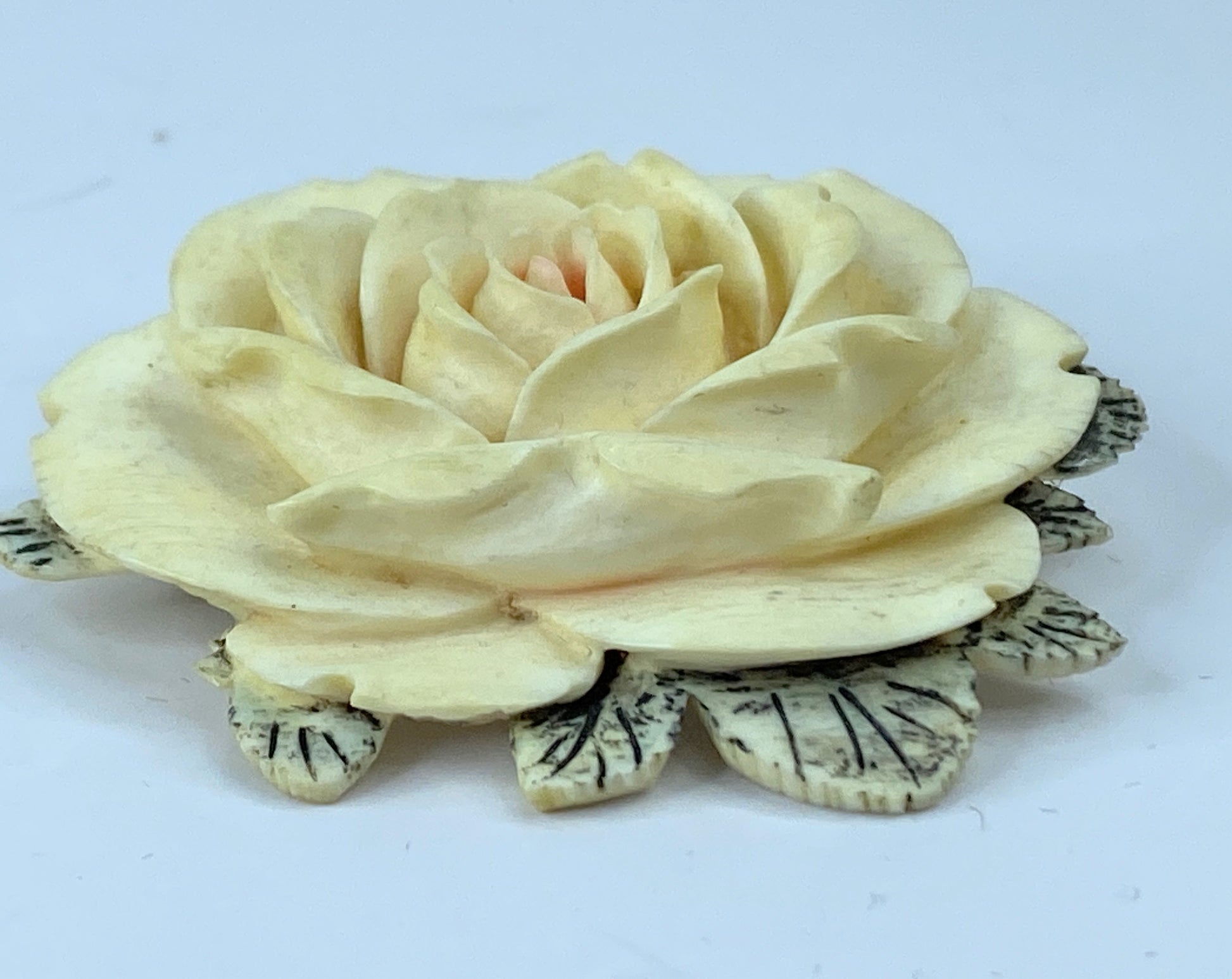 c1930 deep carved resin Rose Floral brooch pink center sterling silver JR671