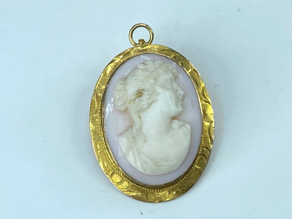 10k Yellow Gold Woman Floral Pink Shell Carved Cameo brooch 5.3g JR9543