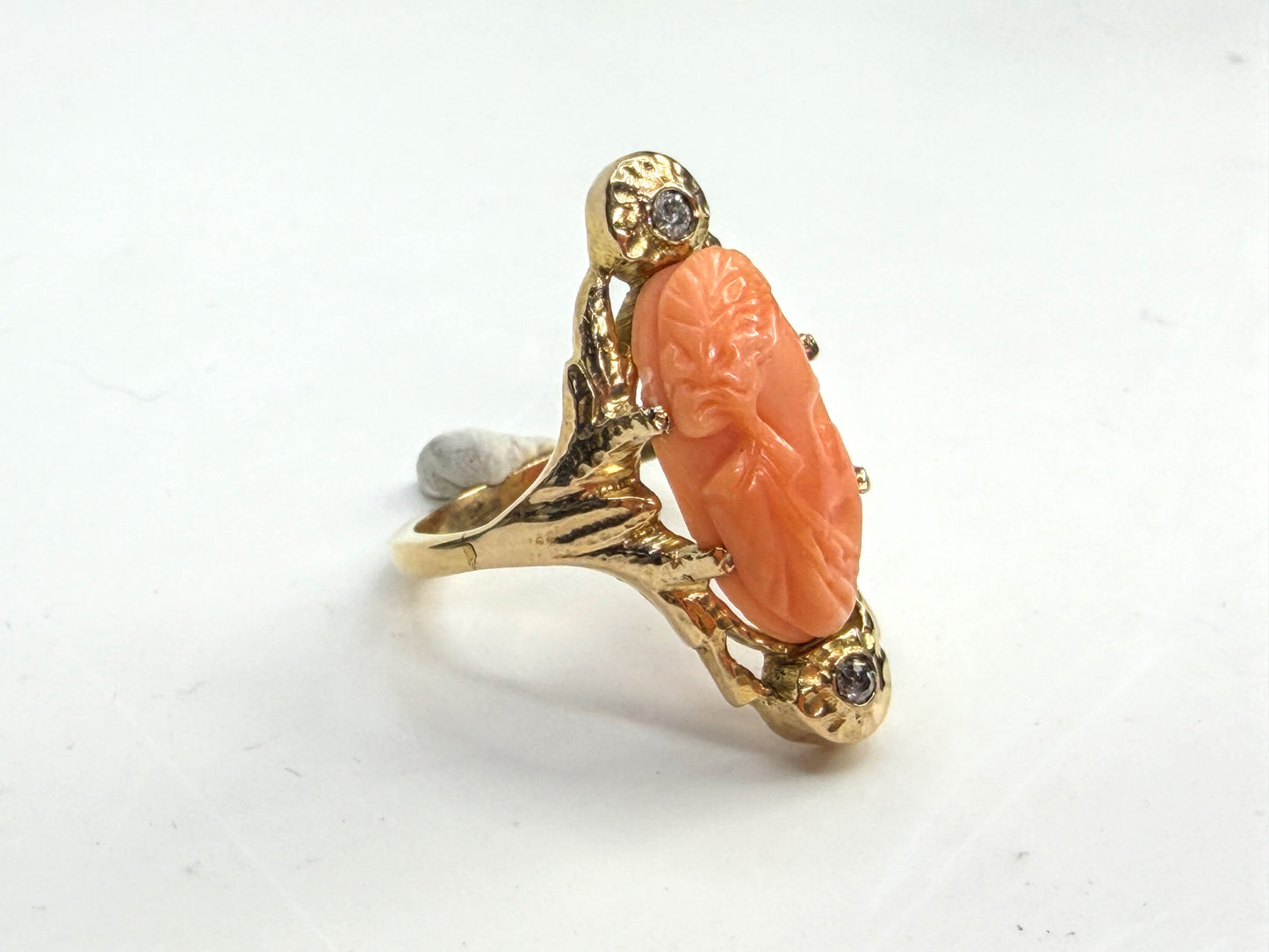 Antique 10K Gold Carved Coral Cameo Diamond Ring 20mm 6.1g s9.25 JR1959