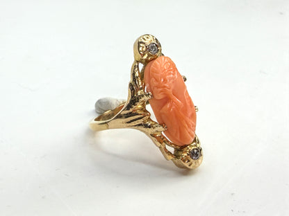 Antique 10K Gold Carved Coral Cameo Diamond Ring 20mm 6.1g s9.25 JR1959