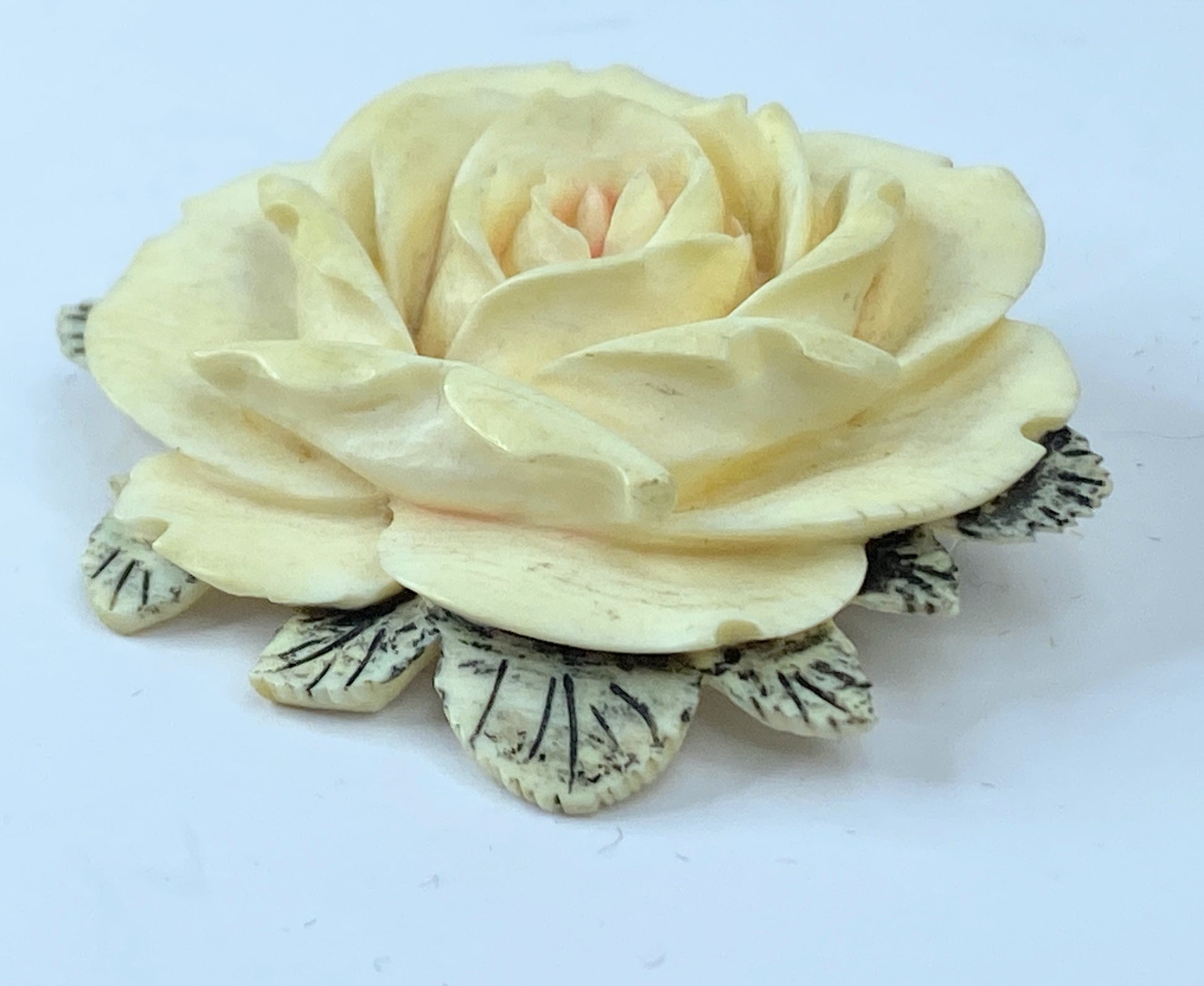c1930 deep carved resin Rose Floral brooch pink center sterling silver JR671