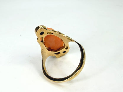 Antique 10K Gold Carved Coral Cameo Diamond Ring 20mm 6.1g s9.25 JR1959