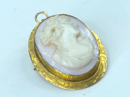 10k Yellow Gold Woman Floral Pink Shell Carved Cameo brooch 5.3g JR9543