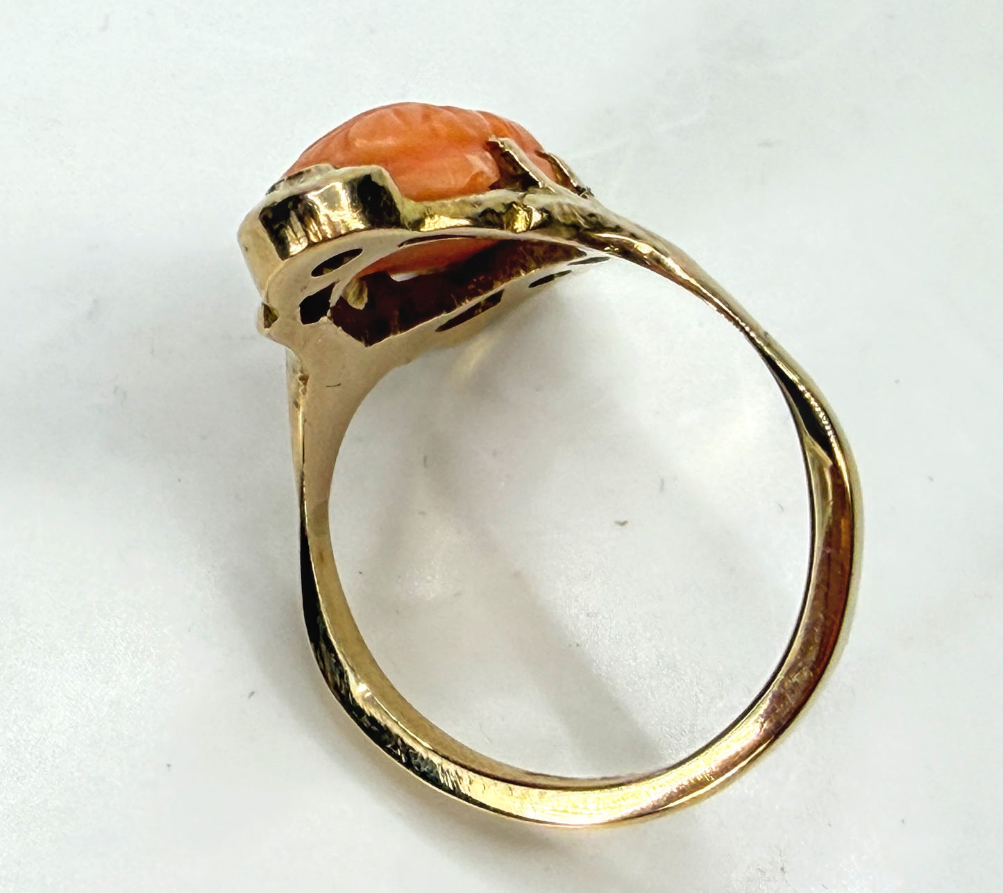 Antique 10K Gold Carved Coral Cameo Diamond Ring 20mm 6.1g s9.25 JR1959