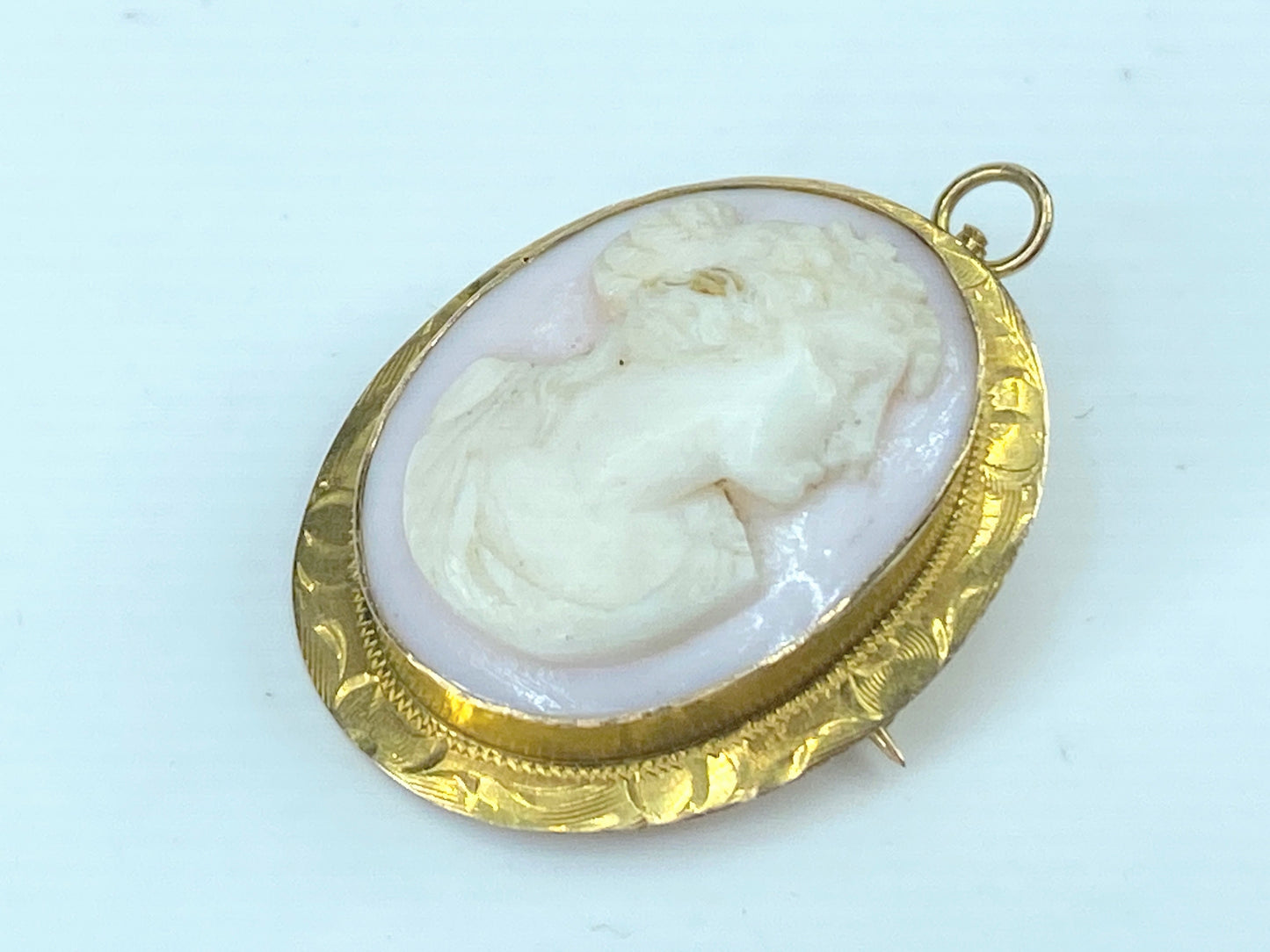 10k Yellow Gold Woman Floral Pink Shell Carved Cameo brooch 5.3g JR9543