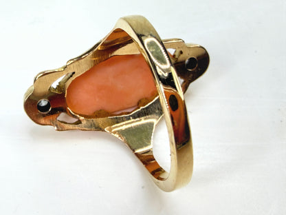 Antique 10K Gold Carved Coral Cameo Diamond Ring 20mm 6.1g s9.25 JR1959