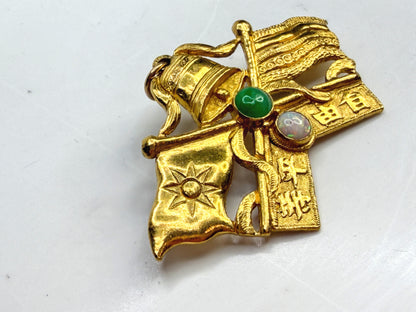 Vintage Chinese 24K Gold Jade Opal Double Flag Brooch Pin JR1960
