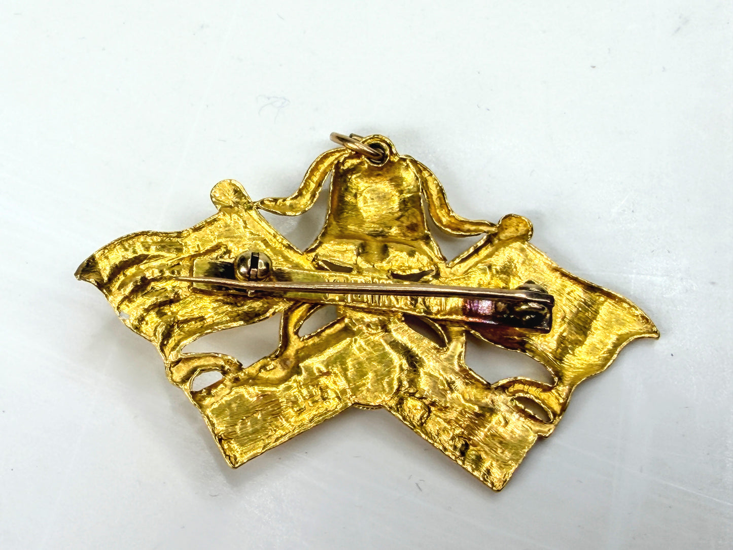 Vintage Chinese 24K Gold Jade Opal Double Flag Brooch Pin JR1960