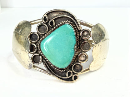 Vintage Southwestern Sterling Turquoise Floral petal Cuff Bracelet 6.75" JR1962