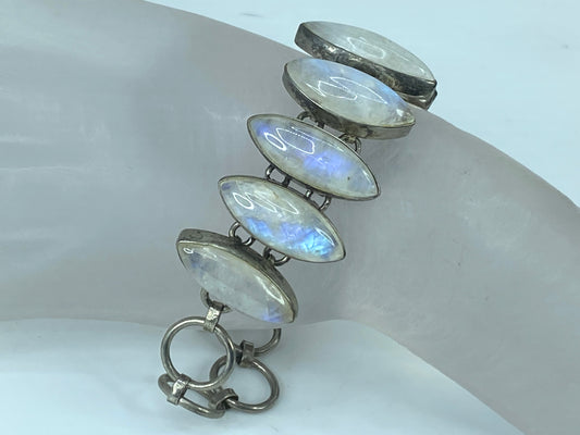 Rainbow Marquise Moonstone and Sterling Silver Link Bracelet 44.3g JR9545