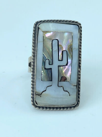 Taxco Mexican sterling silver saguaro cactus abalone inlay ring 7.5g s7.5 JR9547