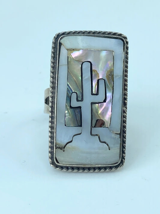 Taxco Mexican sterling silver saguaro cactus abalone inlay ring 7.5g s7.5 JR9547