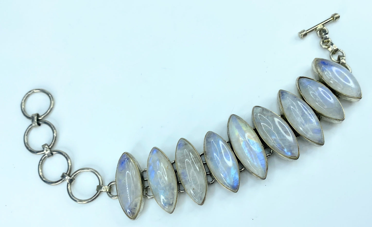 Rainbow Marquise Moonstone and Sterling Silver Link Bracelet 44.3g JR9545