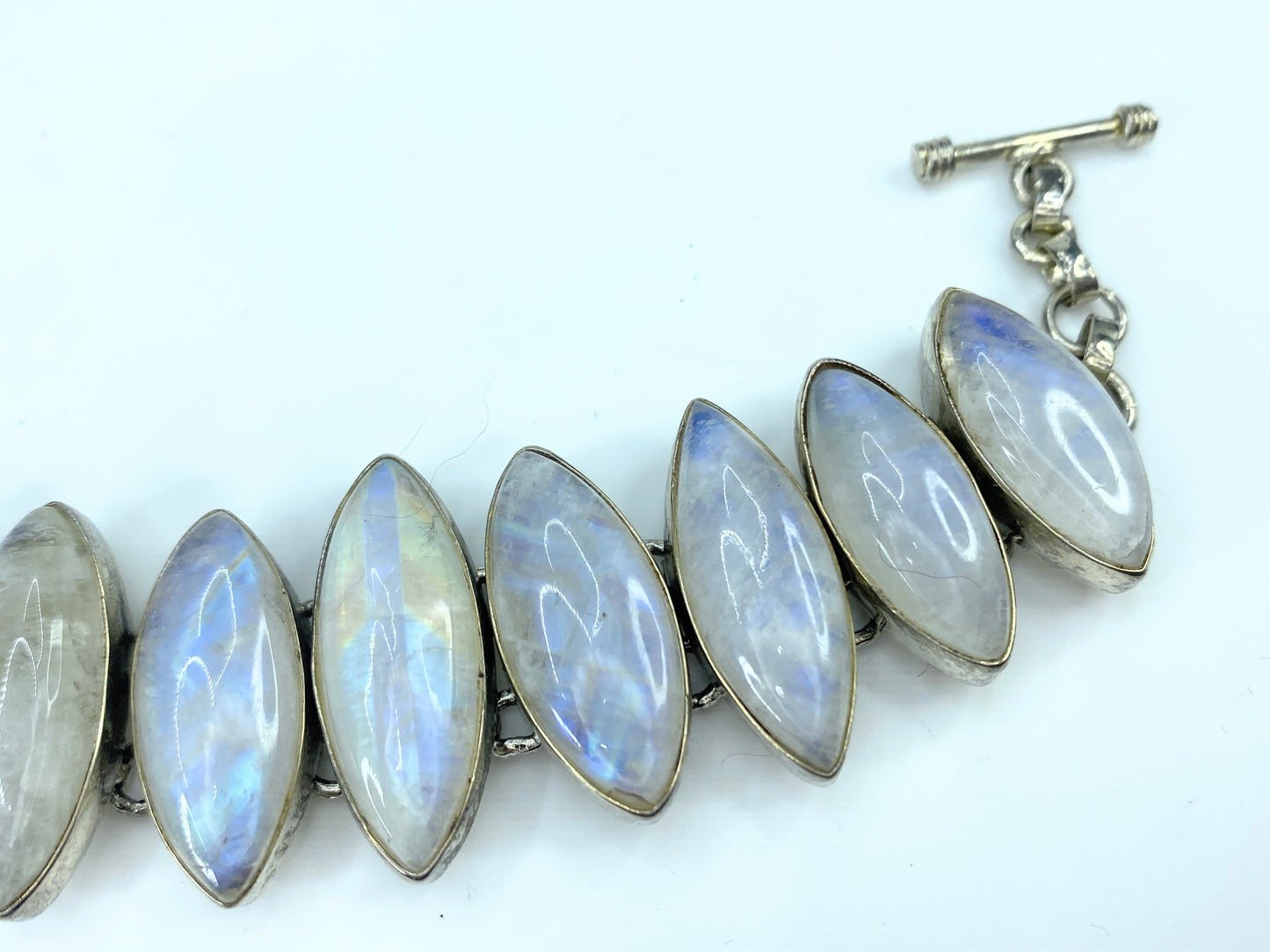 Rainbow Marquise Moonstone and Sterling Silver Link Bracelet 44.3g JR9545