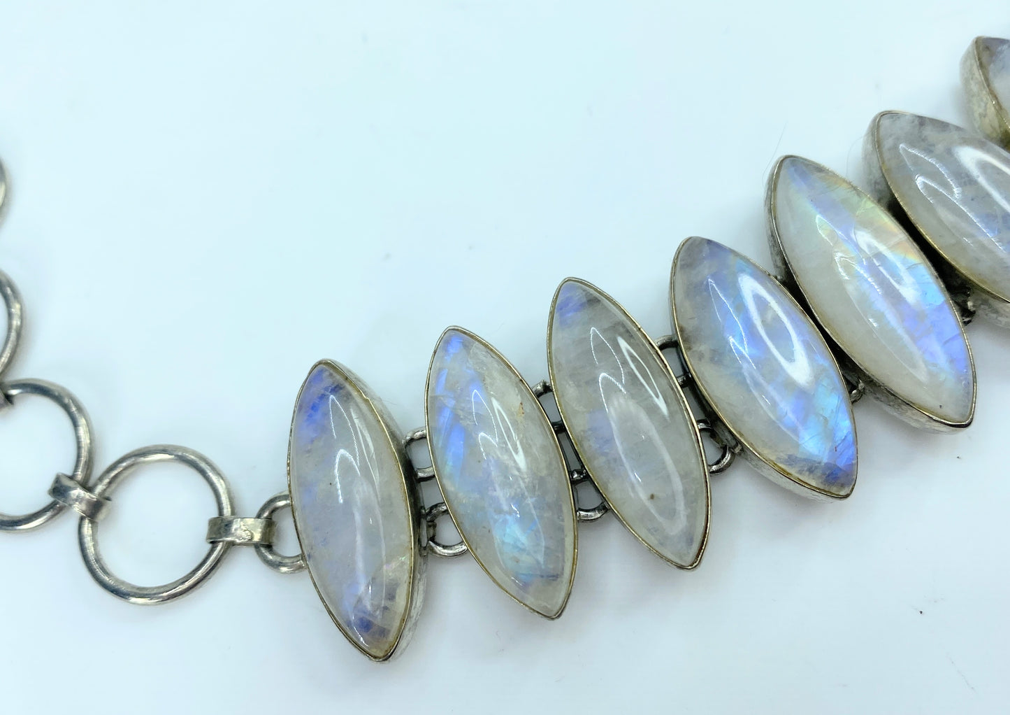 Rainbow Marquise Moonstone and Sterling Silver Link Bracelet 44.3g JR9545