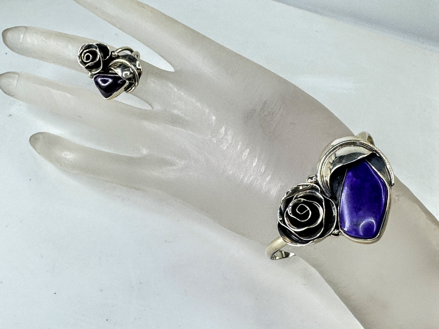 Vintage Sterling Silver Amethyst Rose Cuff Bracelet and Ring 6" s6 32g JR2073