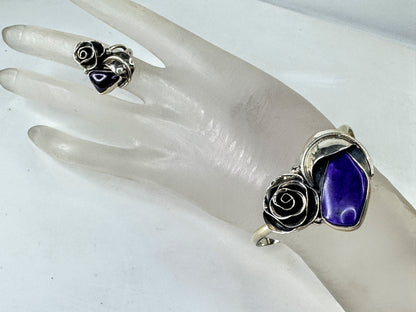 Vintage Sterling Silver Amethyst Rose Cuff Bracelet and Ring 6" s6 32g JR2073
