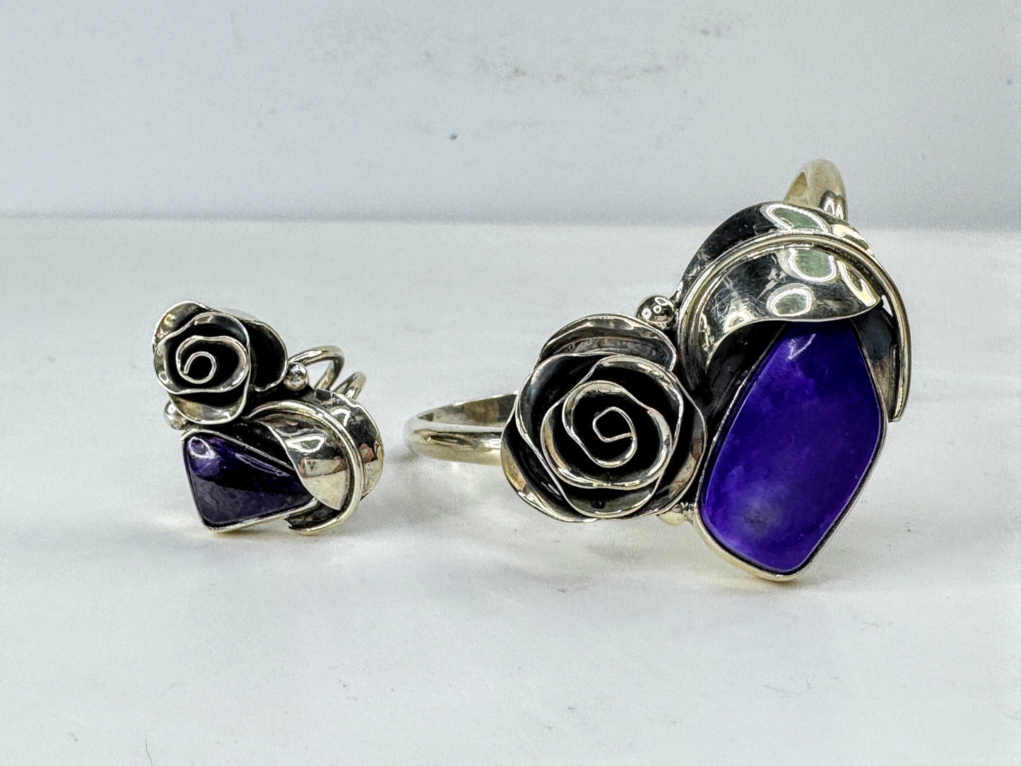 Vintage Sterling Silver Amethyst Rose Cuff Bracelet and Ring 6" s6 32g JR2073