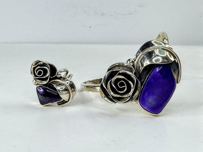 Vintage Sterling Silver Amethyst Rose Cuff Bracelet and Ring 6" s6 32g JR2073