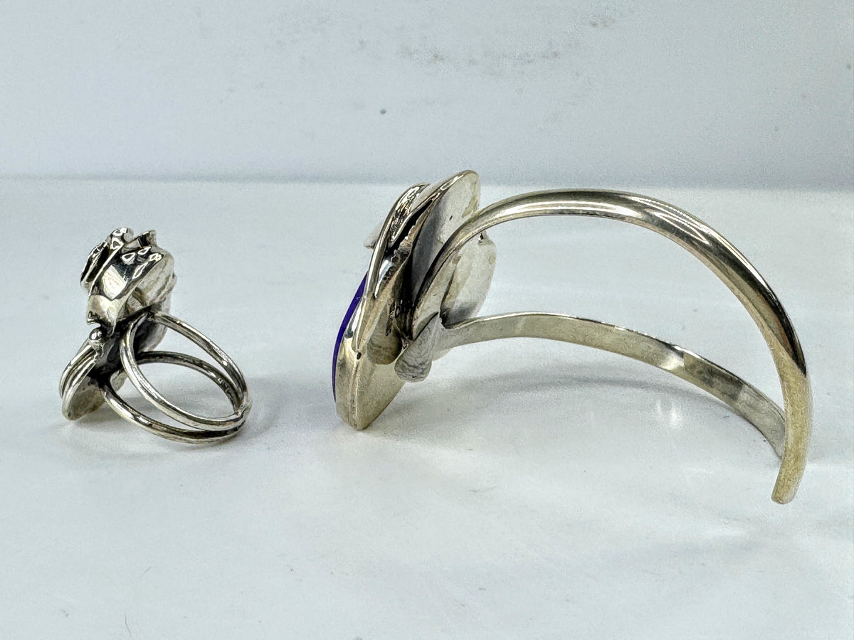 Vintage Sterling Silver Amethyst Rose Cuff Bracelet and Ring 6" s6 32g JR2073