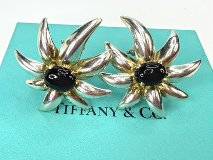 Vintage Tiffany & Co. Fireworks Onyx Sterling 18K Gold Earrings 1995 JR1969