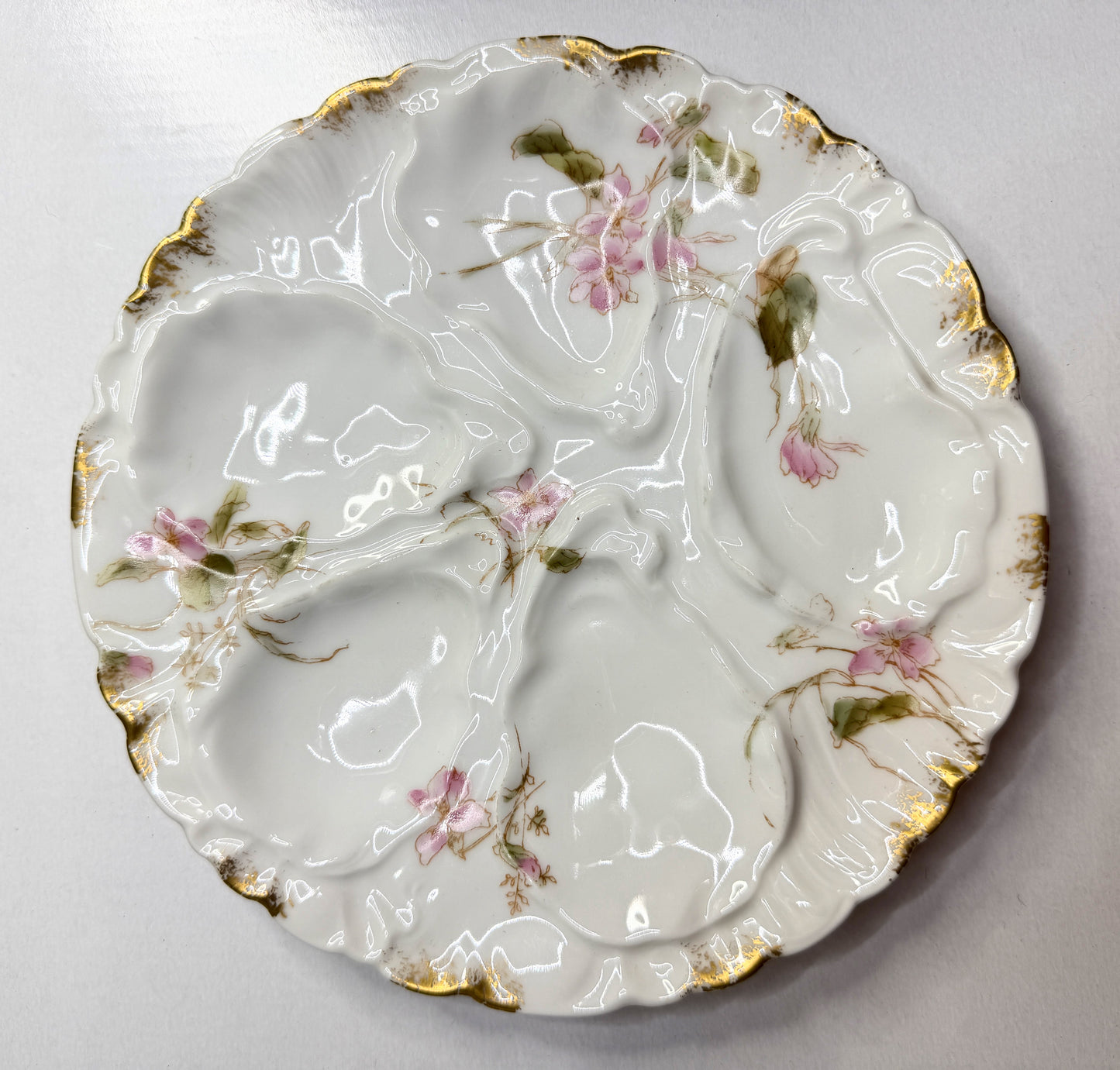 Antique French Limoges Oyster Plate Hand Painted Floral Gold Rim 7.5" A739