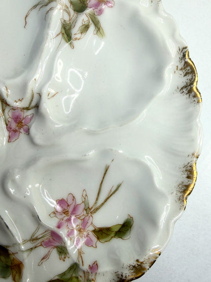 Antique French Limoges Oyster Plate Hand Painted Floral Gold Rim 7.5" A739
