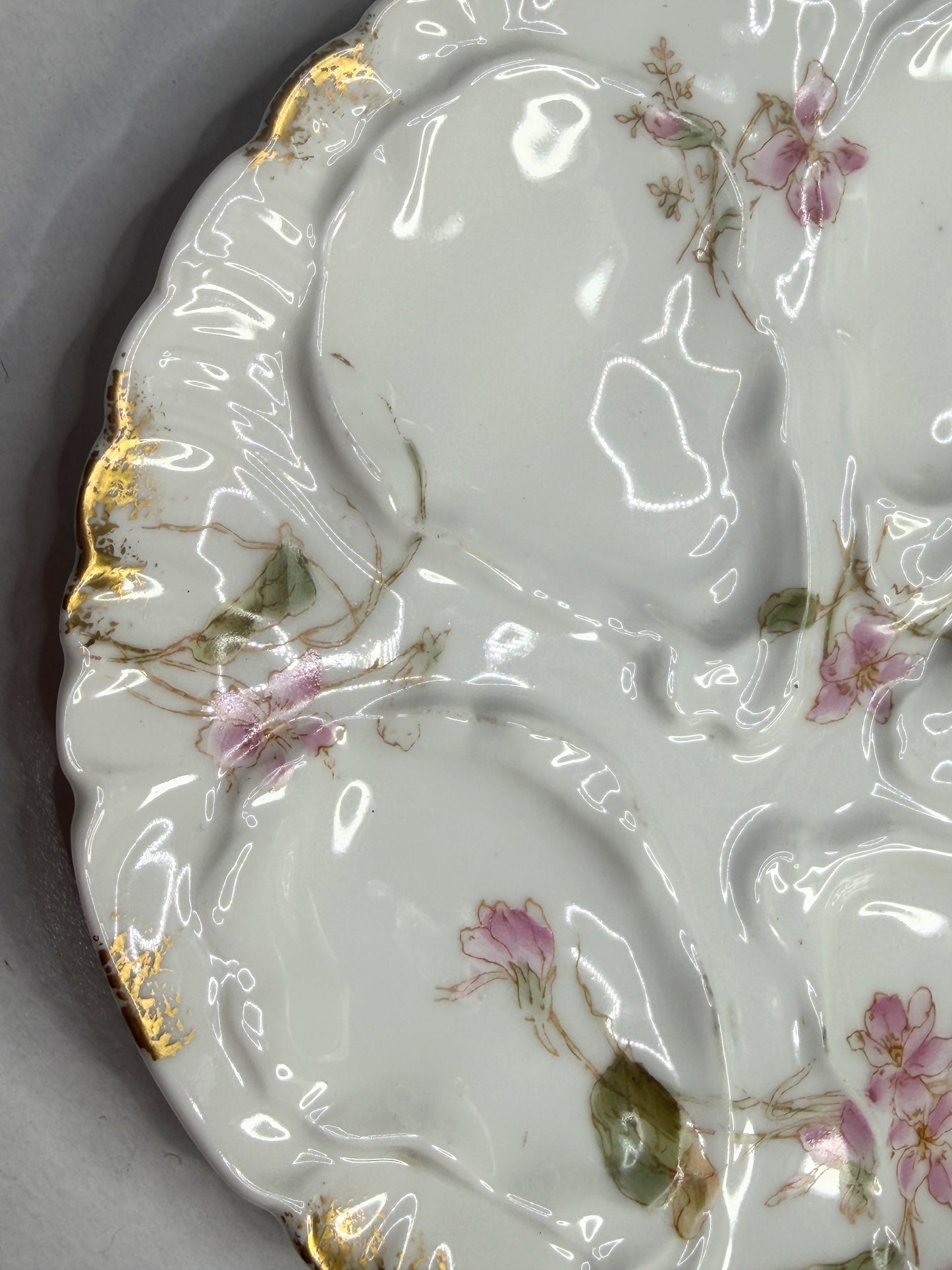 Antique French Limoges Oyster Plate Hand Painted Floral Gold Rim 7.5" A739