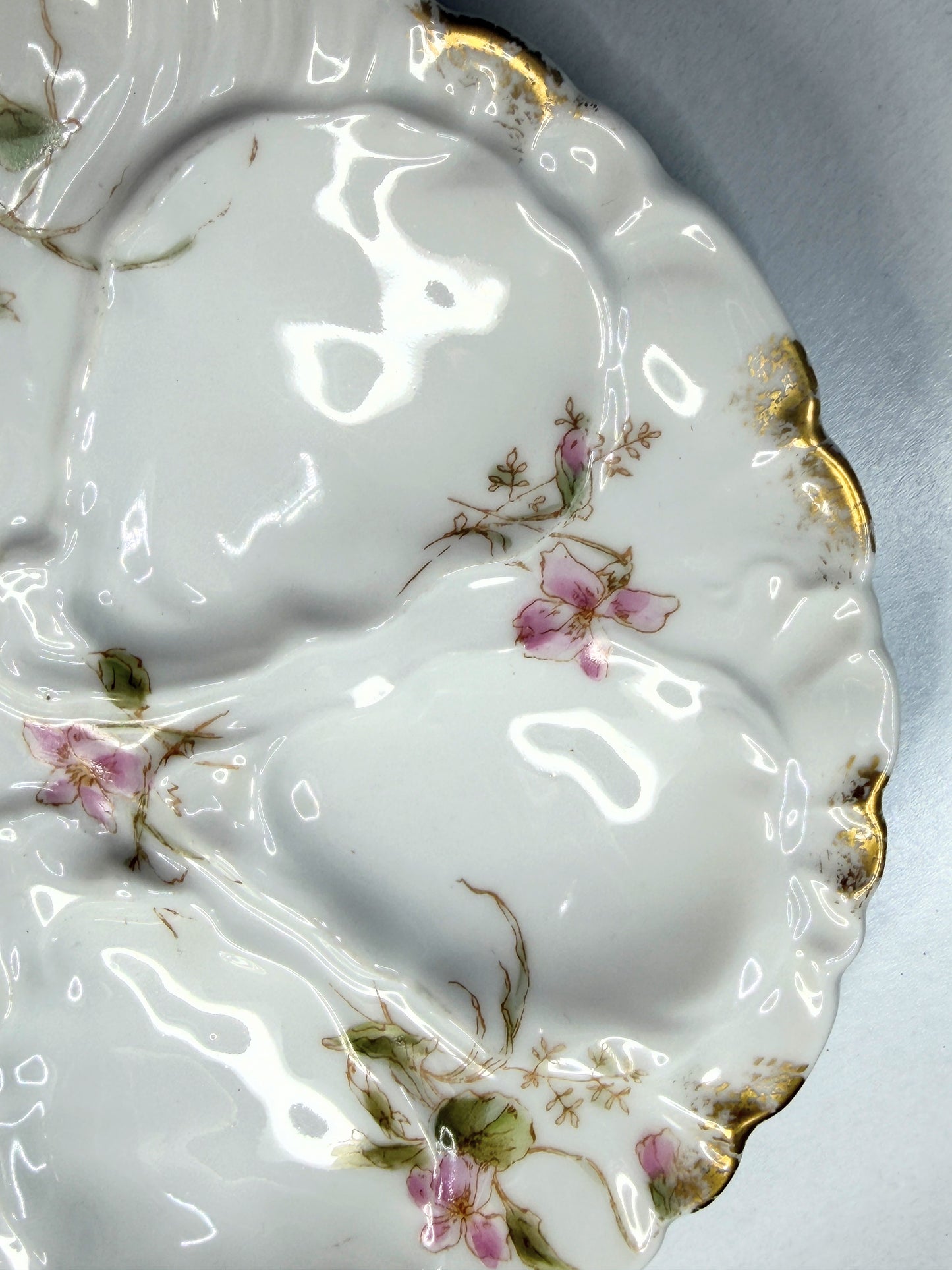 Antique French Limoges Oyster Plate Hand Painted Floral Gold Rim 7.5" A739