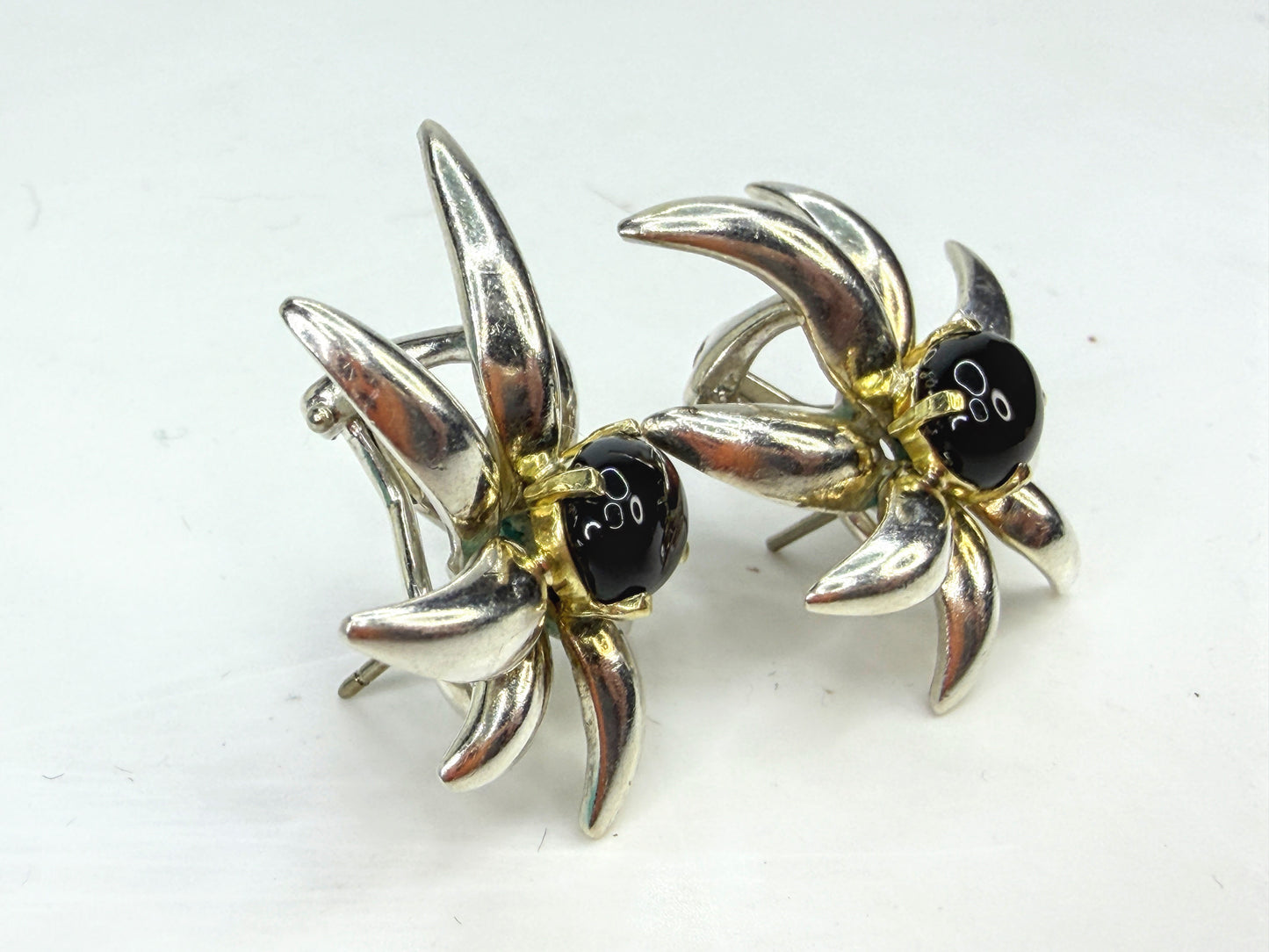 Vintage Tiffany & Co. Fireworks Onyx Sterling 18K Gold Earrings 1995 JR1969