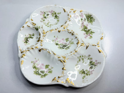 French Floral Porcelain Oyster Plate with Gilt Scalloped Rim 7.5 Inches A740