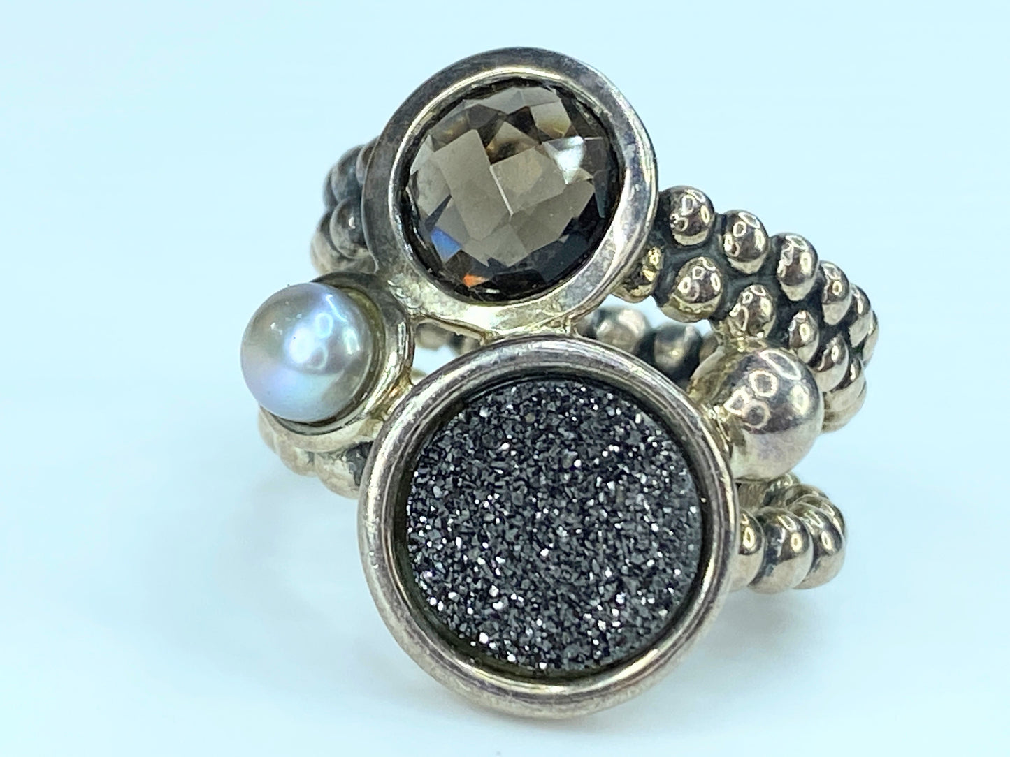 Michael Dawkins Sterling Silver Pyrite Cultured Pearl Quartz ring s7 JR9041