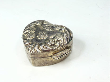 Vintage Sterling Silver Embossed Floral Heart Pill Trinket Box 11g 1.25" SS479