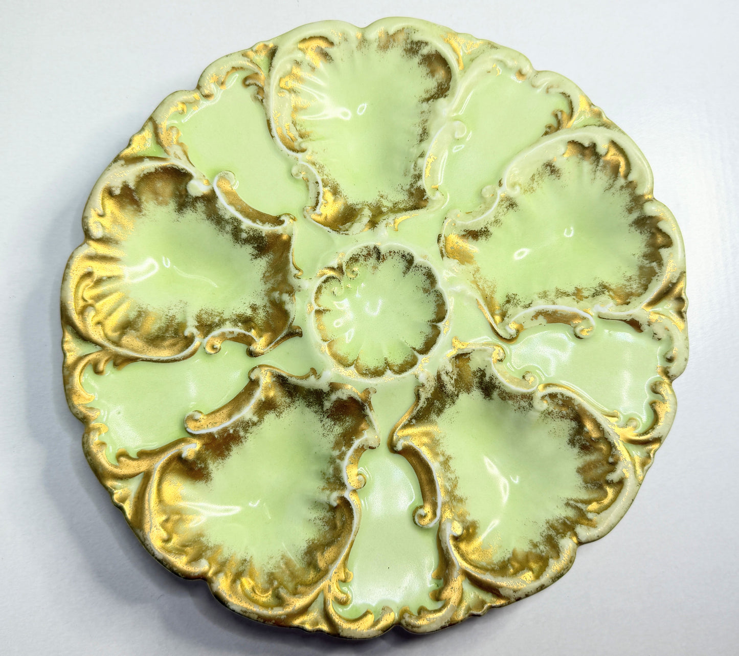 French Antique LS & S Limoges oyster plate, pale green gold gilt A741
