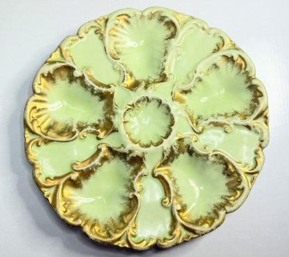 French Antique LS & S Limoges oyster plate, pale green gold gilt A741