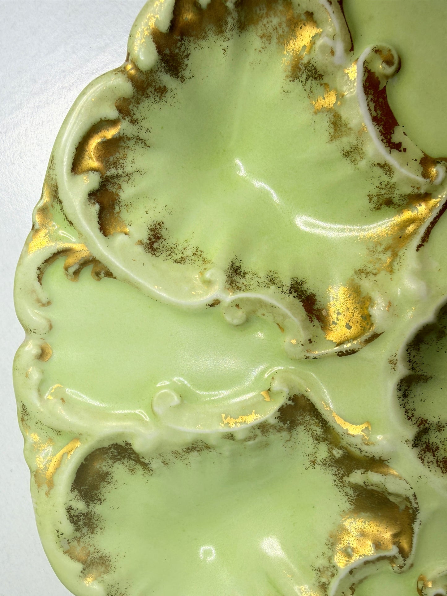 French Antique LS & S Limoges oyster plate, pale green gold gilt A741