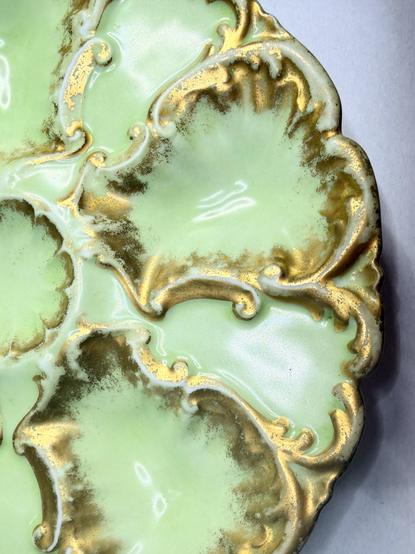 French Antique LS & S Limoges oyster plate, pale green gold gilt A741