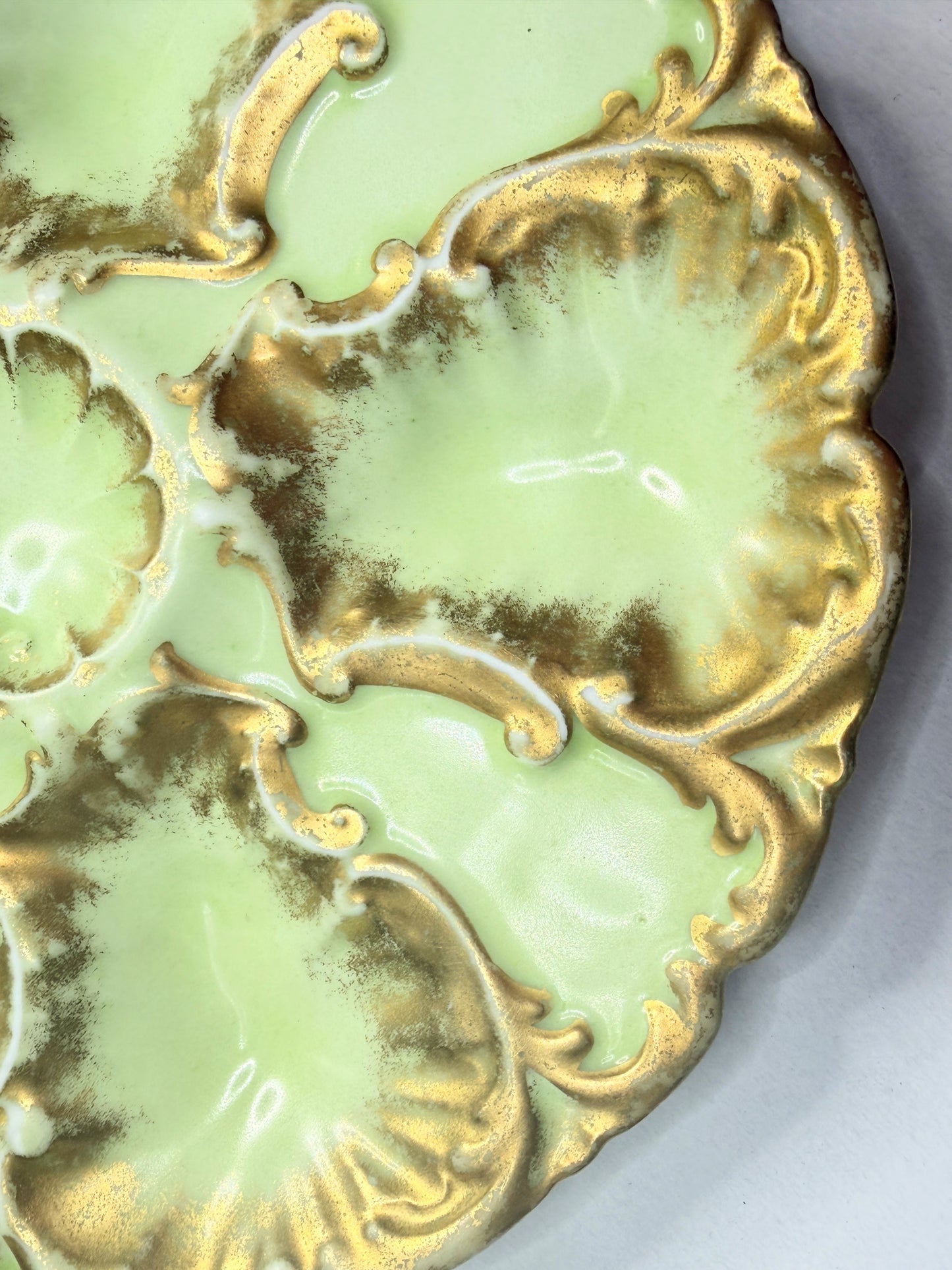 French Antique LS & S Limoges oyster plate, pale green gold gilt A741