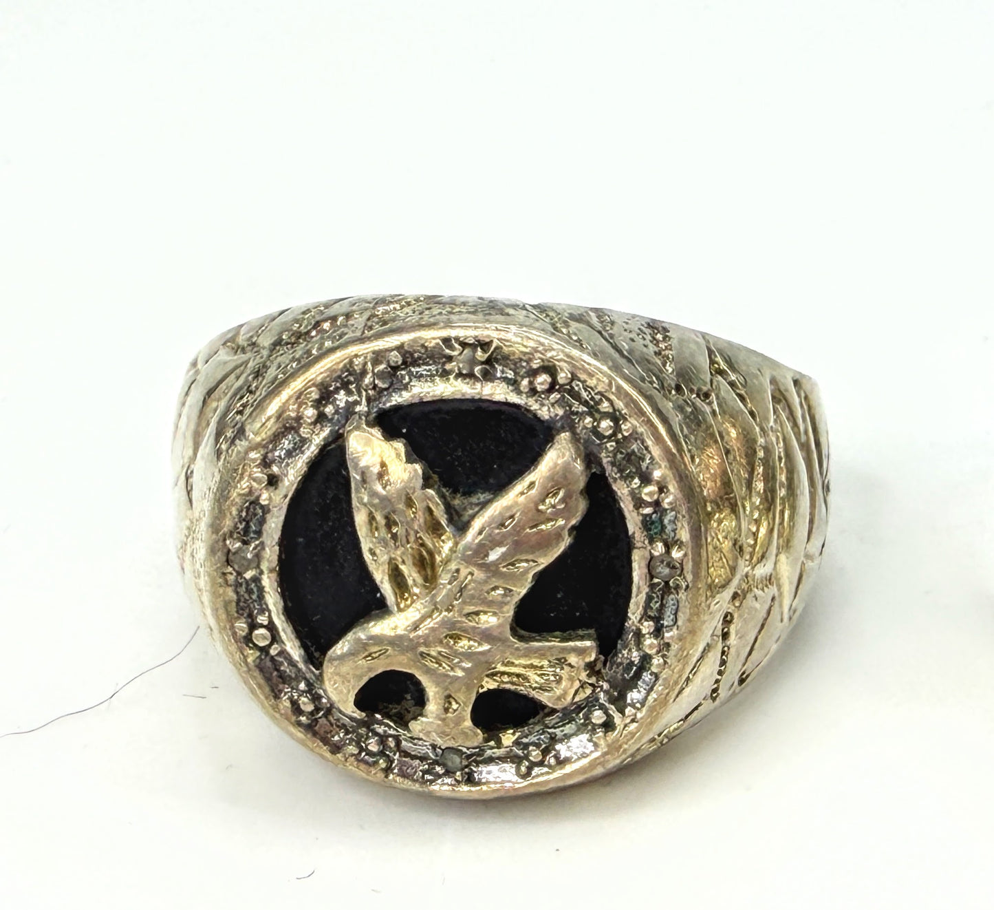 Vintage 925 Sterling Silver Carved Eagle Onyx Signet Ring Size 12 JR1964