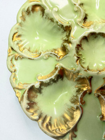 French Antique LS & S Limoges oyster plate, pale green gold gilt A741