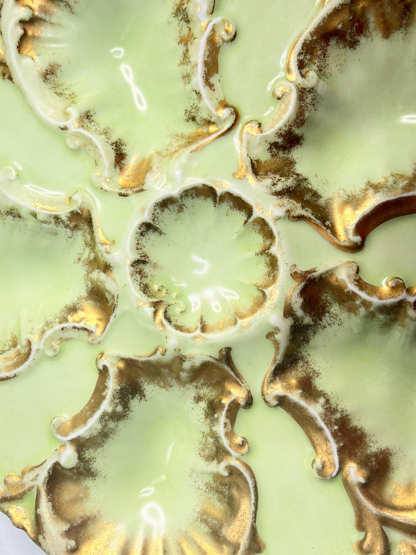French Antique LS & S Limoges oyster plate, pale green gold gilt A741