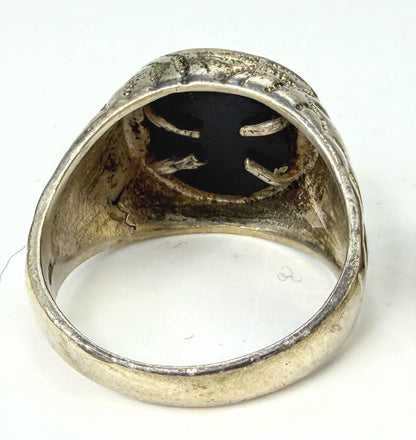 Vintage 925 Sterling Silver Carved Eagle Onyx Signet Ring Size 12 JR1964