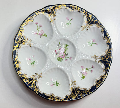 Antique Limoges oyster plate, cobalt blue rim with gold gilt pink florals A742