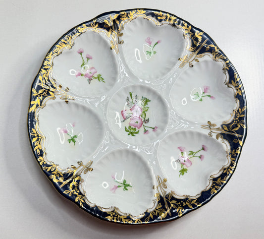 Antique Limoges oyster plate, cobalt blue rim with gold gilt pink florals A742