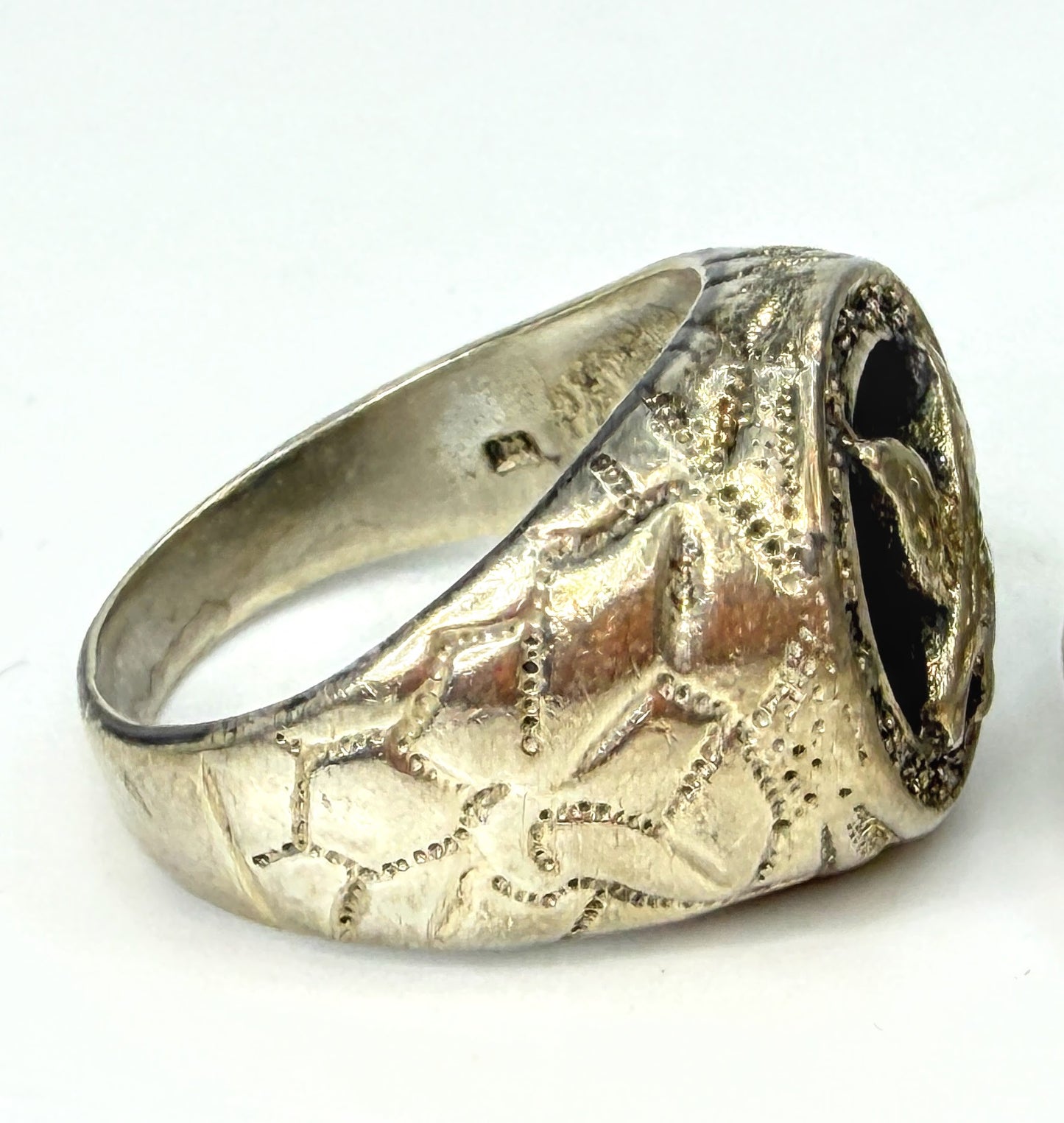 Vintage 925 Sterling Silver Carved Eagle Onyx Signet Ring Size 12 JR1964